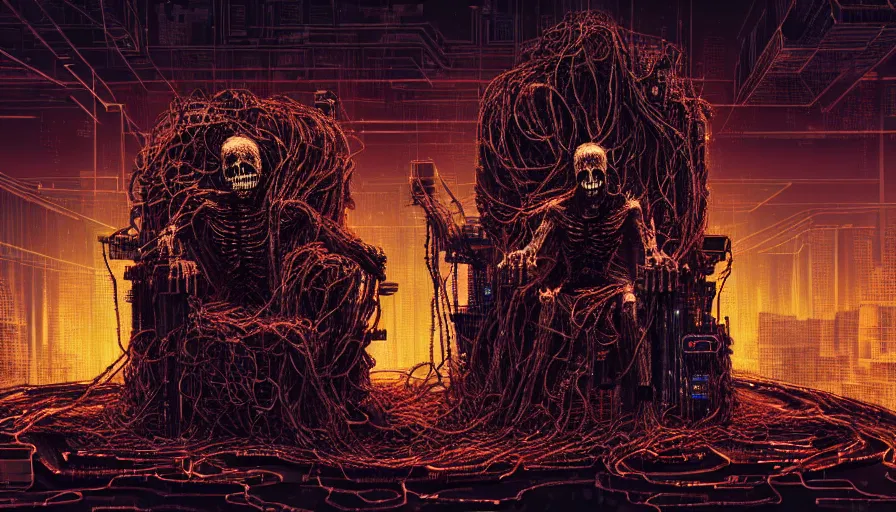 Image similar to highly detailed dark rotting god sitting on a throne of bodies, wires night, death, fear, horror, human robots, cyberpunk, cyberpunk futuristic neon, religion, in style of minecraft, by caravaggio, hyperrealism, detailed and intricate environment