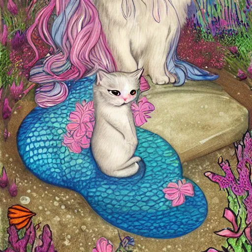 Prompt: a mermaid at the wharf in San Francisco meets a small white kitten, fantasy illustration,