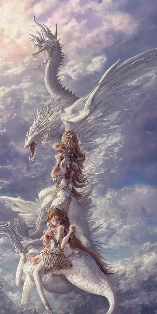 Prompt: the beautiful hyper detailed portrait render that a beautiful princess sitting on the back of a huge silver white dragon alone in fairyland surrounded by white clouds, finely detailed angelic face delicate features, style of studio ghibli, makoto shinkai, raphael lacoste, louis comfort tiffany, artgerm, james jean, ross tran, animation style, hd, ultra wide angle