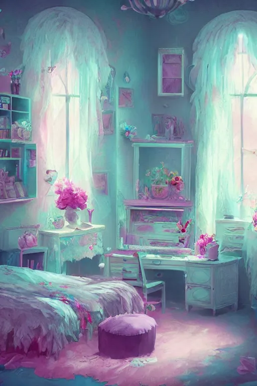 Image similar to matte sharp painting shabby chic room with windows mark rydel, artgerm, lisa frank, artstation behance storybook