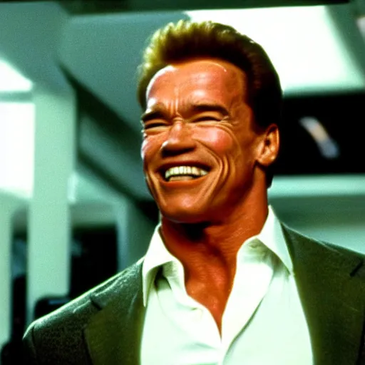 Image similar to arnold schwarzenegger in true lies smiling at the camera, blooper, out take, funny