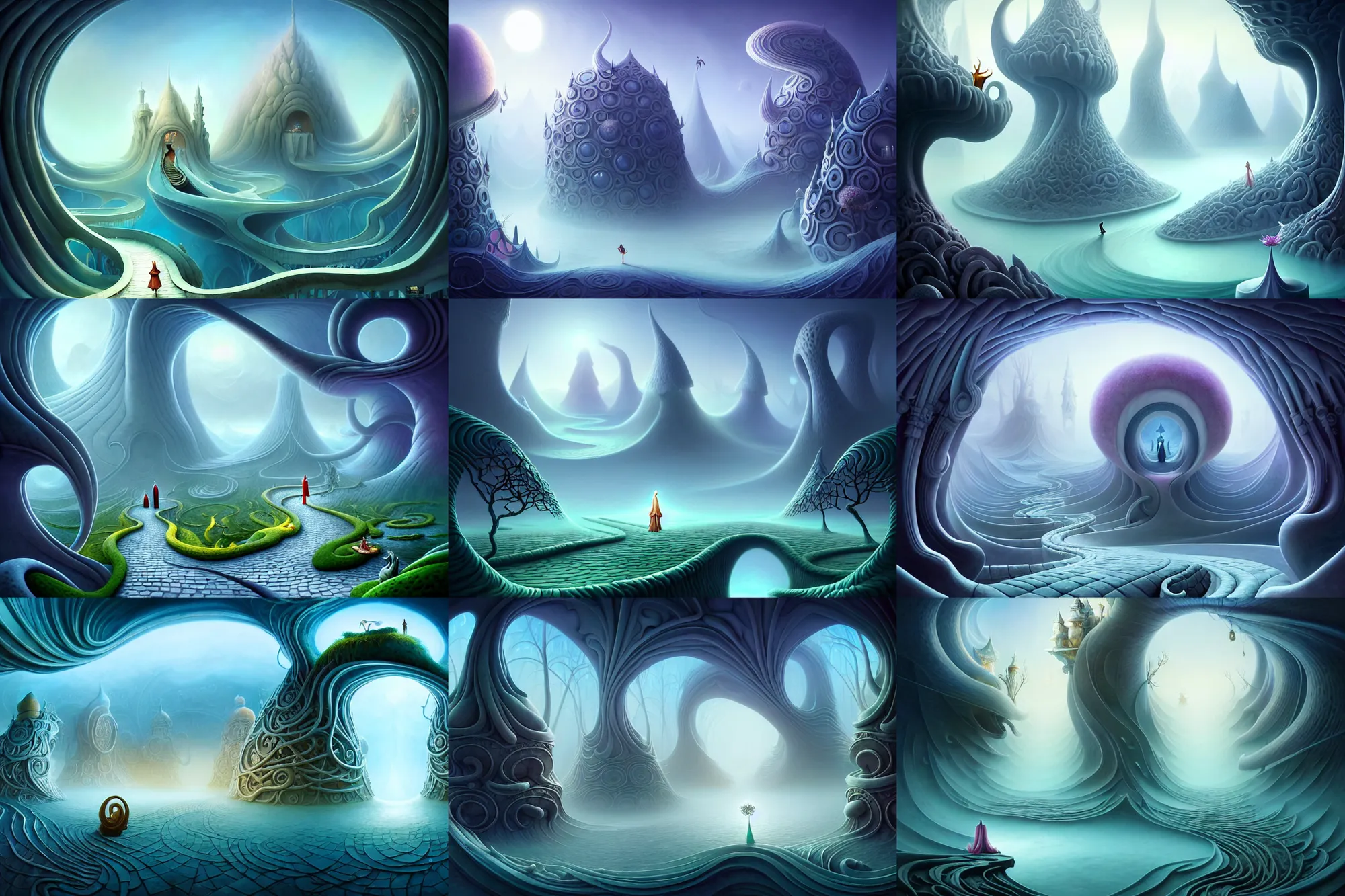 Prompt: an epic elite mysterious whimsical masterpiece fantasy matte painting of a winding path through arctic dream worlds with surreal architecture designed by heironymous bosch, structures inspired by heironymous bosch's garden of earthly delights, surreal ice interiors by cyril rolando and asher durand and natalie shau and cyril rolando, insanely detailed and intricate, complex, elegant, story