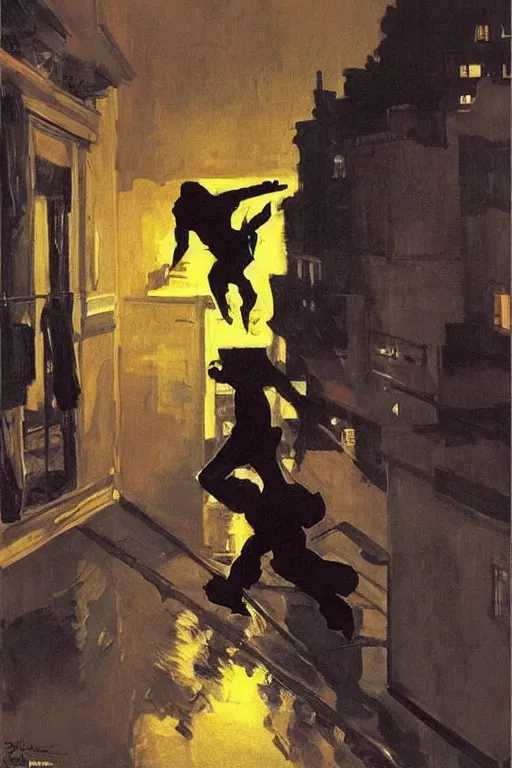 Image similar to a ninja jumping from the roof on a rainy night by joaquin sorolla, syd mead, boneface