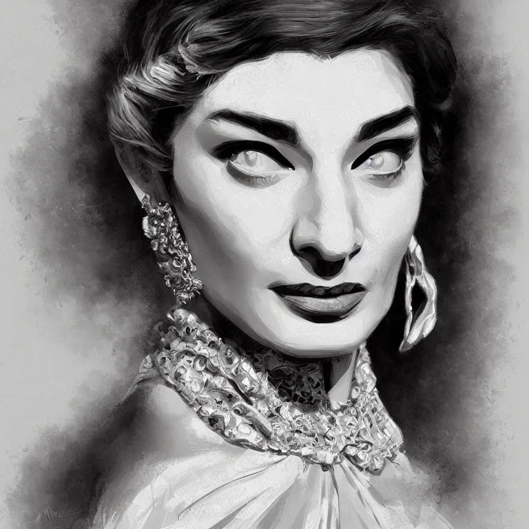 Prompt: Maria Callas, portrait, digital painting, highly detailed, artstation, mucha