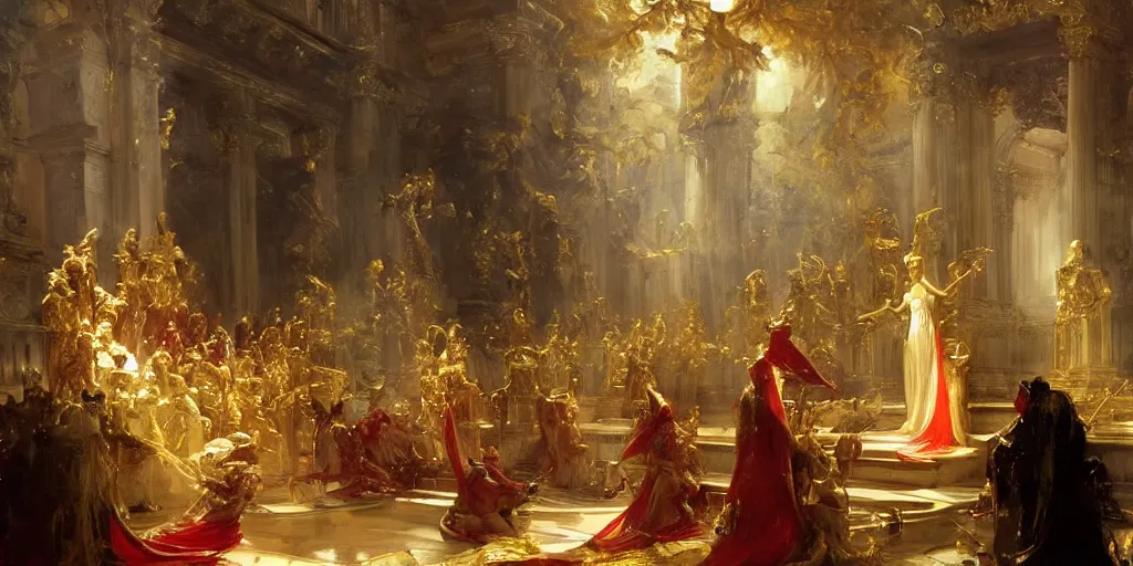 Image similar to beautiful oil painting, alien in royal crimson robes enthroned as the alien god emperor of ancient civilization surrounded by servants in gilded halls a golden wreath upon his head, by anders zorn, wonderful masterpiece by greg rutkowski, beautiful cinematic light, american romanticism, by thomas lawrence, greg rutkowski