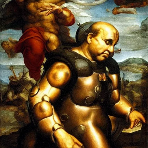 Image similar to Danny Devito as God dressed in a holy exosuit preparing to fight the devil, heaven, surreal, Leonardo Divinci inspired, Michael Angelo inspired, Painting, Religious art