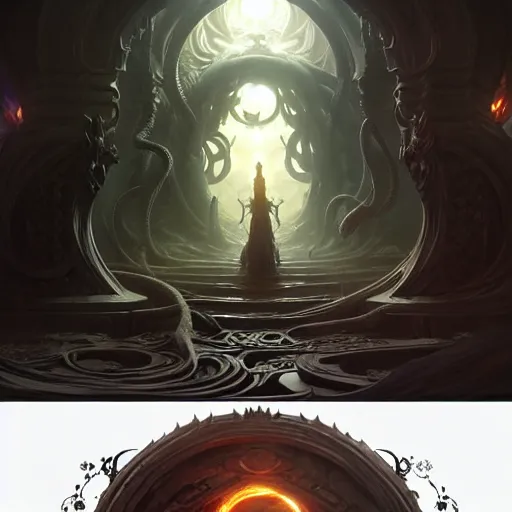 Image similar to Evil portal to Cthulu. Epic fantasy art, award winning on Artstation, intricate, elegant, highly detailed, digital painting, art by artgerm and greg rutkowski and alphonse mucha