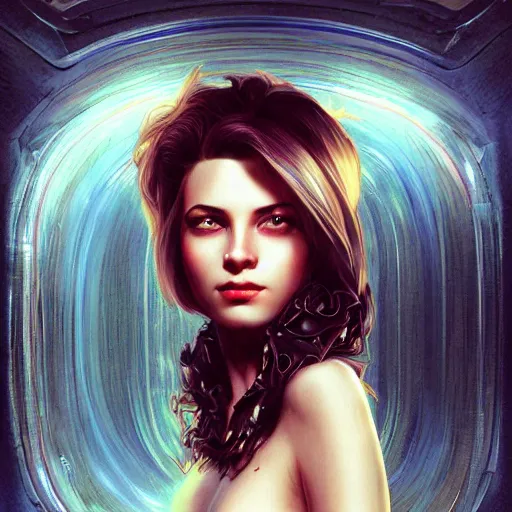 Prompt: half - electric striking woman, complex and hyperdetailed technical, rays and dispersion of light, noise film photo, cute - fine - face, pretty face, oil slick hair, realistic shaded perfect face, extremely fine details, realistic shaded lighting, dynamic background, artgerm, 8 k ultra realistic, highly detailed, carravaggio, craig mullins, alphonse mucha