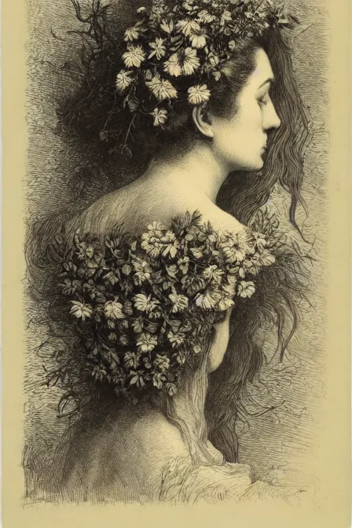 Image similar to extreme close-up portrait of a beautiful french woman from behind with flower in the head, forest background, Gustave Dore lithography