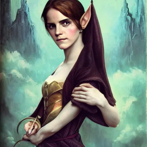 Image similar to Studio portrait of Emma Watson as a fantasy elf, art nouveau, Tom Bagshaw