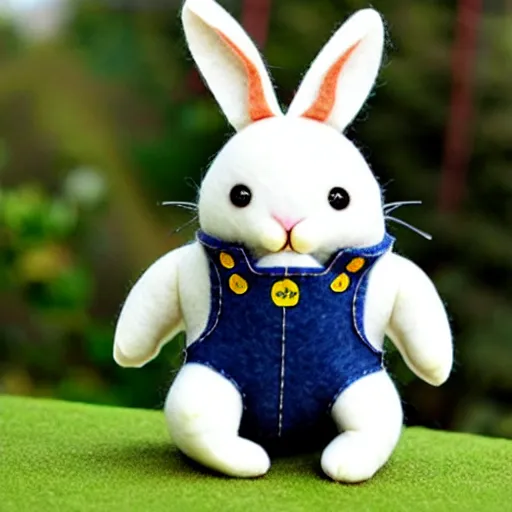 Image similar to a cute elegant felt plush doll of a rabbit wearing overalls detailed highly realistic