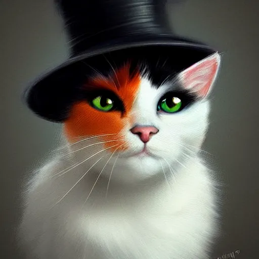Image similar to a cute calico cat in a hat, artstation, cgsociety, storybook art
