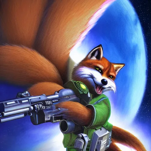 Prompt: a portrait of fox mccloud firing a blaster, anthropomorphic furry art, star fox, heroic close up, action, imax, 8 k, by jim burns