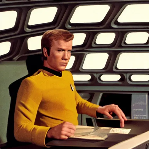 Image similar to captain kirk sitting in the captains chair on the bridge of the starship enterprise
