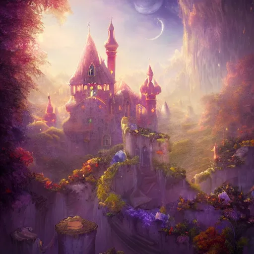 Prompt: enchanted magic castle in the sky, digital art, beautiful composition, highly detailed, trending on artstation, devianart, cgsociety