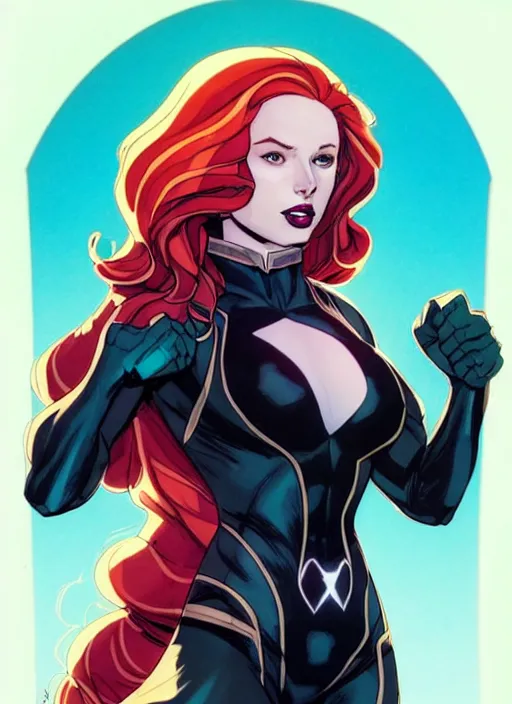 Image similar to Rafeal Albuquerque comic art, Joshua Middleton comic art, cinematics lighting, sunset colors, pretty female Madelaine Petsch Rogue x-men marvel, big smirk, symmetrical face, symmetrical eyes, long red hair and white hair, with white streak in hair, full body, flying in the air, sunset