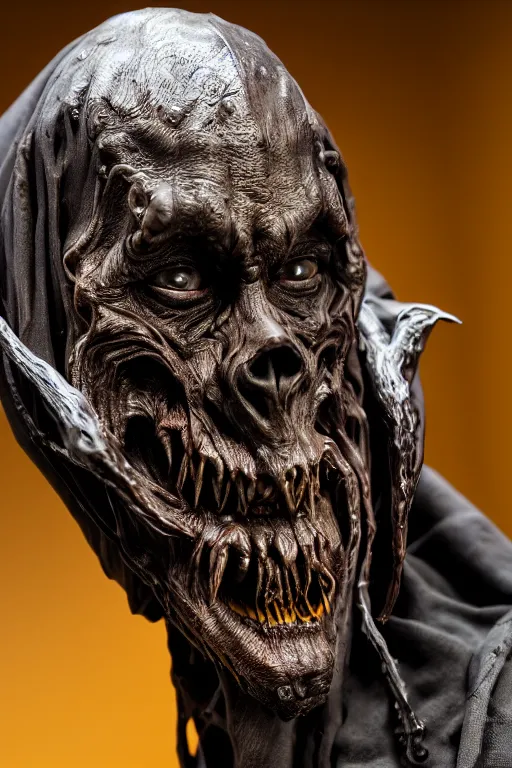 Image similar to photo taken of an epic intricate, ultra detailed, super realistic sculpture of a nightmarish hellish demonic hooded grim reaper sculpture on display in a workshop, created by weta workshop, full body shots, photorealistic, sharp focus, f 0. 4, face centred, macro photography, golden ratio, golden hour