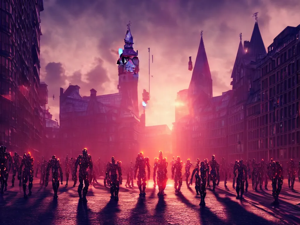 Prompt: an army of beautiful cyborgs of the elder gods in the city of London, London streets in background, colourful, dramatic lighting, golden hour, very detailed octane render very realistic beautiful