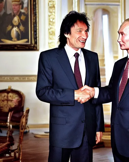 Image similar to sixty years old viktor tsoi with joyful look in a business suit shaking hands with vladimir putin in kremlin, moscow, color photo, mid shot photo, official photo, digital photo, 4 k