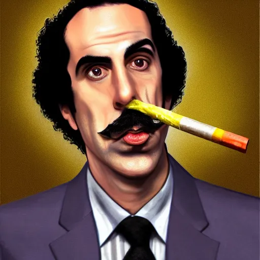 Prompt: Sacha Baron Cohen as borat smoking a giant rolled cannabis cigarette, caricature, smoke, amazing detail, digital art, artstation