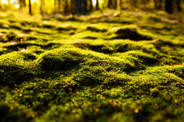 Prompt: macro photograph of moss on the forest floor, bathed in golden light