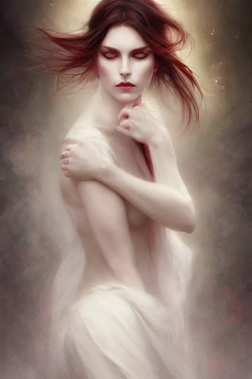 Image similar to portrait of white ghost, dark fantasy, gradient white red grey, dreamy and ethereal, green eyes, golden ratio, peaceful expression, lace, fantasy, intricate, elegant, stormy sky, highly detailed, digital painting, artstation, concept art, smooth, b sharp focus, illustration, art by artgerm and greg rutkowski and alphonse mucha