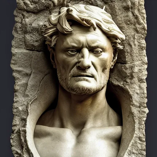 Image similar to a sculpture by michelangelo with the likeness of rutger hauer