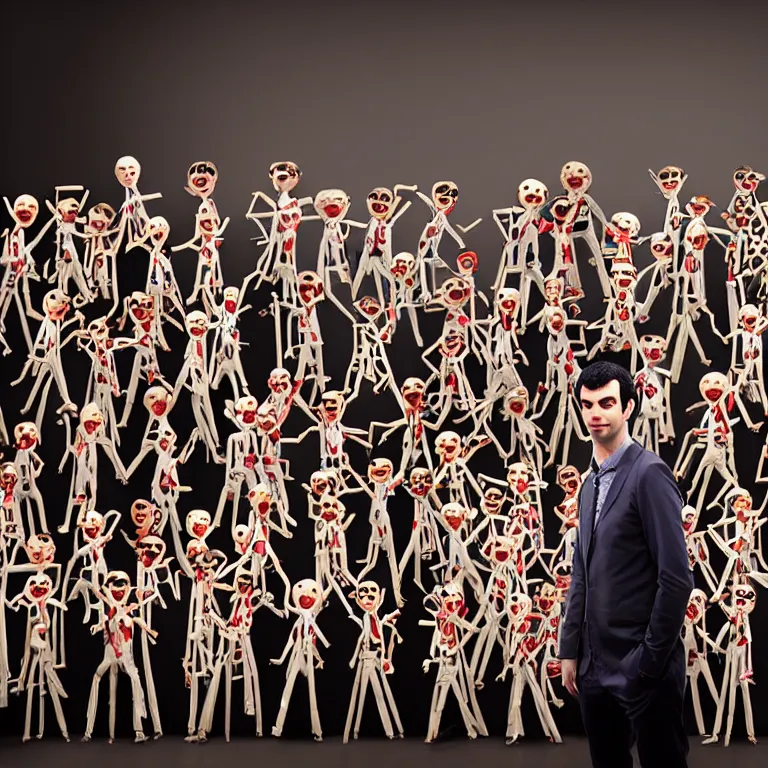 Image similar to focused dslr medium shot photograph of nathan fielder standing in front of dozens of nathan fielder puppets on strings from nathan for you on comedy central on a stage with a red curtain, meta, fractal, trippy, high detail!!! 8 k!!!!, photorealism!!!, sharp focus!!! coherent!!!