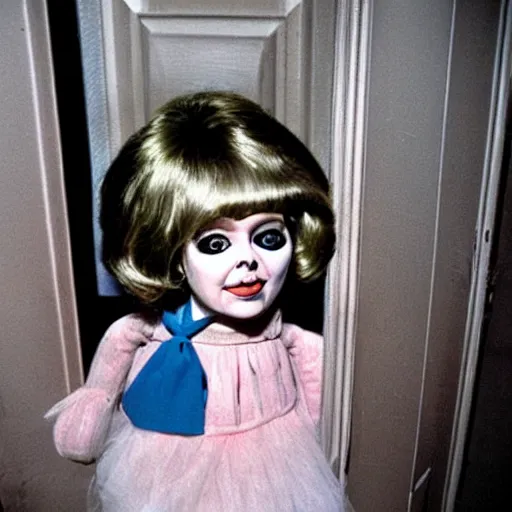 Prompt: 1978 cinematic, horror movie scene with a woman’s face, in a home, ventriloquist doll, behind the door is a pink and blue robot alien with large eyes and fluff, high resolution, ”