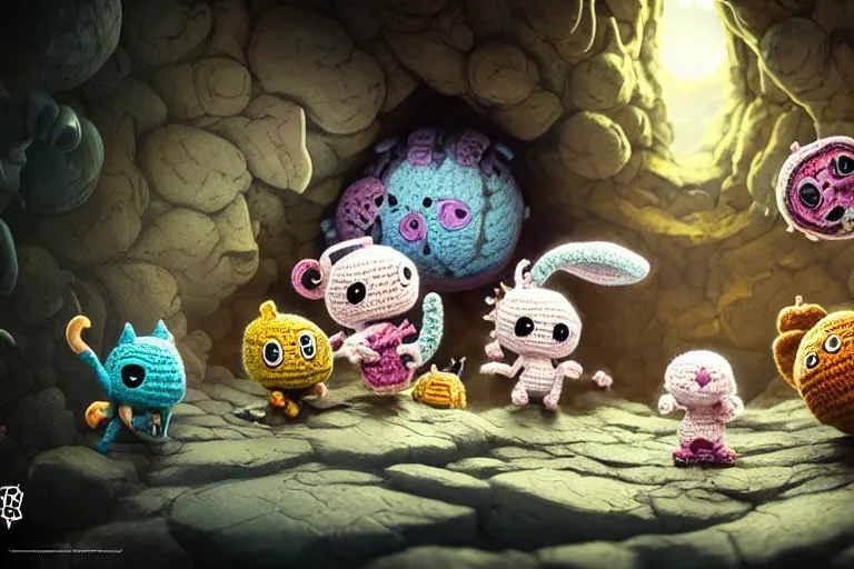 Image similar to a tattoo of an expedition of crochet cute monsters discovering a new cave underground. cute, illustration, digital art, inspired by little big planet, by greg rutkowski, detailed, sharp, masterpiece, highly detailed, photorealistic, octane render, 8 k, unreal engine 5, trending on artstation, vivid colors