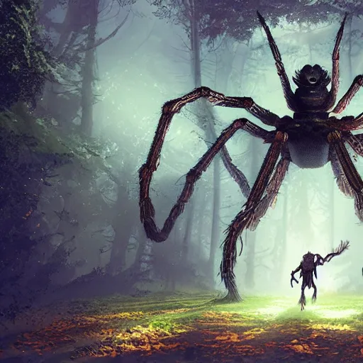 Image similar to an ugly giant spider, beautiful, realistic, 8 legs, atmosphere, vibe, forest, giant webs, ferns, bones, concept art illustration, color page, tone mapping, akihiko yoshida, james jean, andrei riabovitchev, marc simonetti, digital illustration, greg rutowski, volumetric lighting, sunbeams, particles