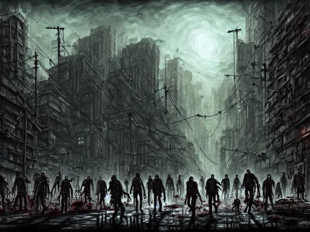 Image similar to post apocalyptic city landscape zombies roaming, very highly detailed, digital painting, 4 k, sharp focus, art