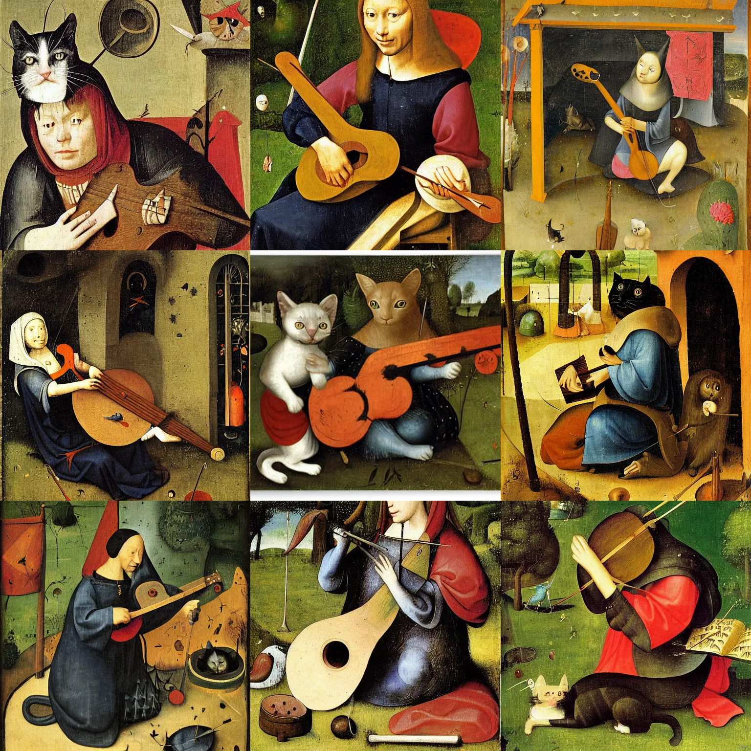 Prompt: cat playing lute in the garden, medieval portrait, colorful, by hieronymus bosch