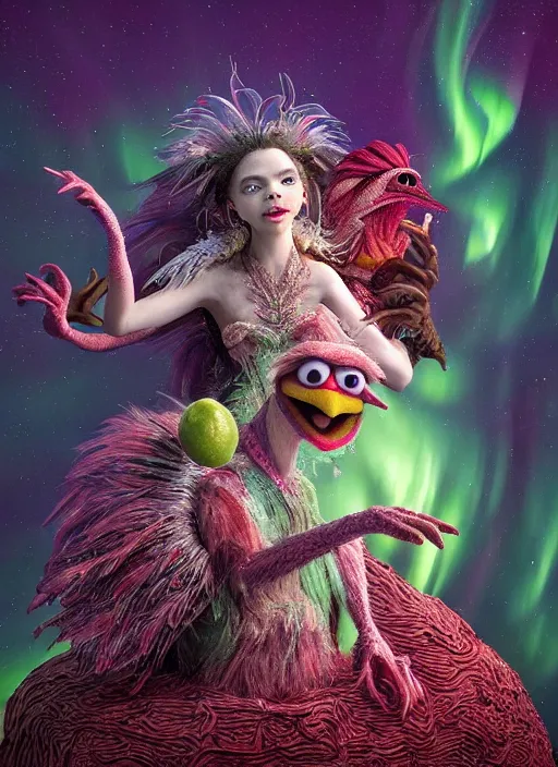 Image similar to hyper detailed 3d render like a Oil painting - very coherent Aurora (a beautiful girl skeksis muppet fae princess protective playful expressive acrobatic from dark crystal that looks like Anya Taylor-Joy) seen red carpet photoshoot in UVIVF posing in scaly dress to Eat of the Strangling network of yellowcake aerochrome and milky Fruit and His delicate Hands hold of gossamer polyp blossoms bring iridescent fungal flowers whose spores black the foolish stars by Jacek Yerka, Ilya Kuvshinov, Mariusz Lewandowski, Houdini algorithmic generative render, golen ratio, Abstract brush strokes, Masterpiece, Victor Nizovtsev and James Gilleard, Zdzislaw Beksinski, Mark Ryden, Wolfgang Lettl, hints of Yayoi Kasuma and Dr. Seuss, Grant Wood, octane render, 8k