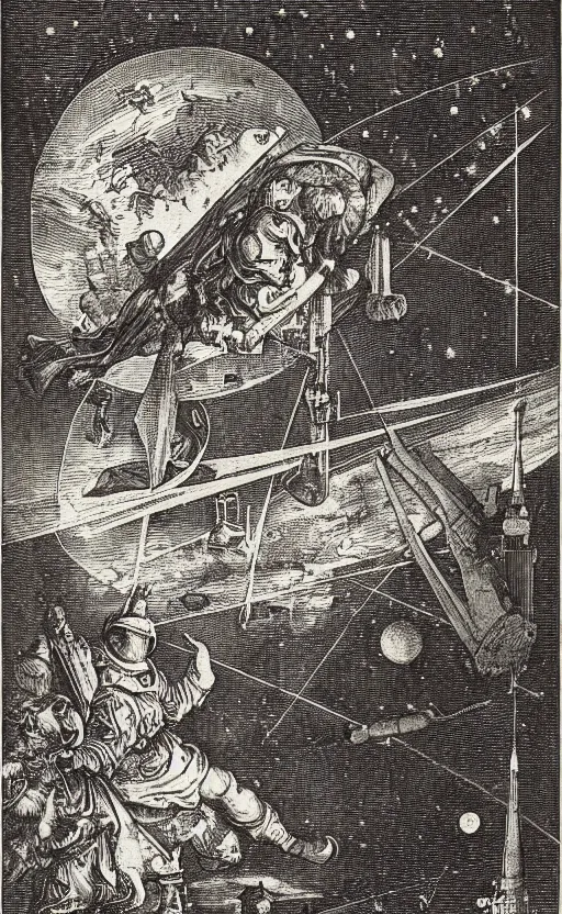 Prompt: astronomy textbook professional illustration by Albrecht Dürer with night starry sky with tech flying ships, by Salomon van Abbé old vintage Victorian England print, etching engraving with very clear details