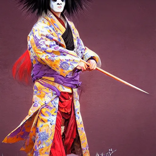 Image similar to portrait of an insane kabuki man wielding a spear covered in a distorting aura, intricate purple hakama, poofy red wig, eerie, highly detailed, dark fantasy, shallow depth of field, art by artgerm and greg rutkowski