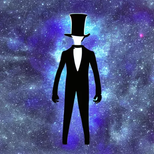 Prompt: a tall shadow man with a top hat standing on a blue planet requested by a follower