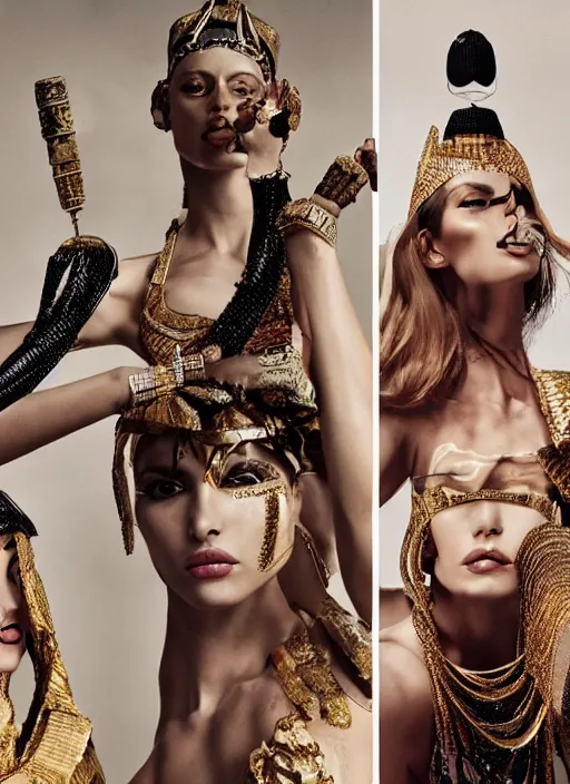 Image similar to A fashion editorial spread in a high fashion magazine with the models styled as ancient Egyptian gods and goddesses