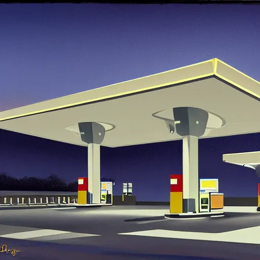 Prompt: a digital rendering of a gas station at night by george ault, retrofuturism, concept art, matte drawing, reimagined by industrial light and magic