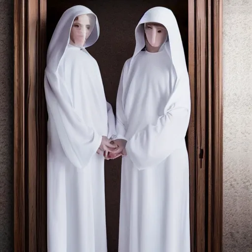 Prompt: award winning photo two Hovering twin nuns wearing hoods, buxom chested blindfolded wearing translucent veils see through dress, Very long arms, bedroom, wood door, eerie, frightening, highly detailed, photorealistic, colorized —width 1024 —height 1024