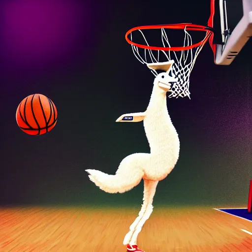 Image similar to a llama dunking a basketball, 4 k, digital art, high resolution, trending on artstation