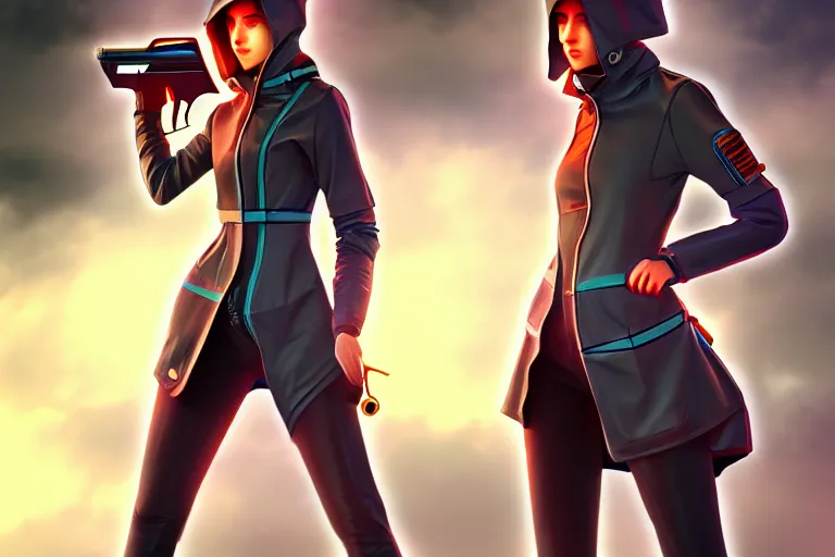Image similar to girl in a futuristic raincoat, holding a revolver, character concept art, valorant game style, digital art, many details, super realistic, high quality, 8 k