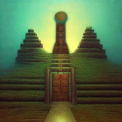 Image similar to “inside of the water temple from Legend Of Zelda: Ocarina of Time in the style of Zdzisław Beksiński. Trending on artstation”