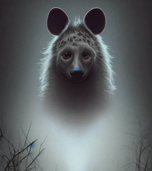 Image similar to foggy dirt road portrait of furry anthro anthropomorphic spotted hyena head animal person fursona wearing clothes horror gloomy digital art bokeh depth of field photo by Greg Rutkowski, Simon Stalenhag, christopher nolan trending on Artstation, CGSociety