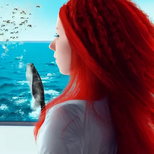 Image similar to a hyper realistic image of a very beautiful red haired girl standing near a window, she is facing the camera, a humpback is flying in the sky