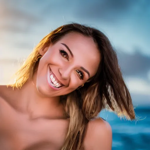 Prompt: a headshot of a 2 6 year old beautiful female, posing on a beach with the ocean, award winning seductive, smile, art, focus, blur, kavisky, ultra detail, light room, canon, bikini model