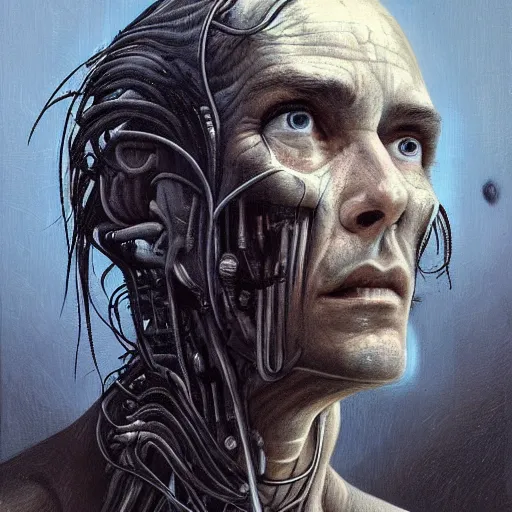 Image similar to surreal portrait of a man by Greg Rutkowski and H.R Giger, he is about 30 years old, messy long black hair, tired appearance, roman nose, peaceful but sad and resigned expression, martyred as a biomechanical transhuman cyborg god, eyes glow electric blue, cosmic void background, frightening, fascinating, highly detailed portrait, digital painting, book cover, artstation, concept art, smooth, sharp foccus ilustration, Artstation HQ.