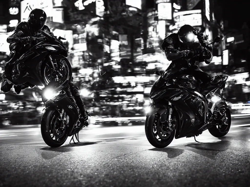 Image similar to a Photorealistic hyperdetailed hyper realistic dramatic moody Low angle night time close up photograph of biker speeding on a GSX R1000 in the middle of busy shibuya crossing Tokyo,multiple light trails by photographer Lindsay Adler,Beautiful dramatic very dark moody tones and lighting,cinematic atmosphere,photorealism,8K