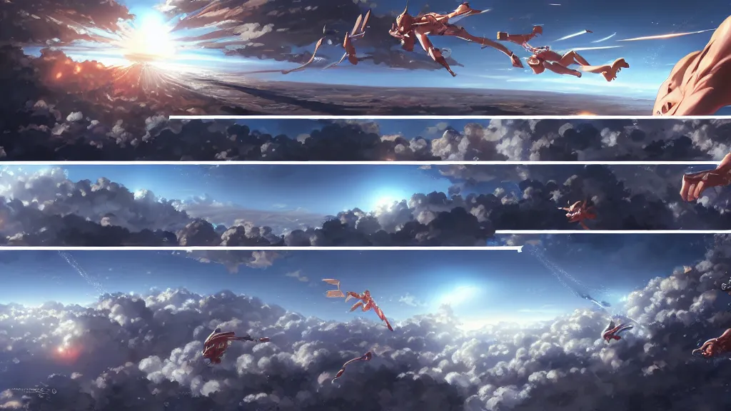 Image similar to highly detailed comic spread depicting an impactful action scene on the sky with expert design fictional characters, high details, dynamic art by murata, moebius, makoto shinkai, craig mullins, digital painting, masterpiece, best selling, pixiv, volumetric lighting, realistic shaded lighting, 8 k, highly detailed render,