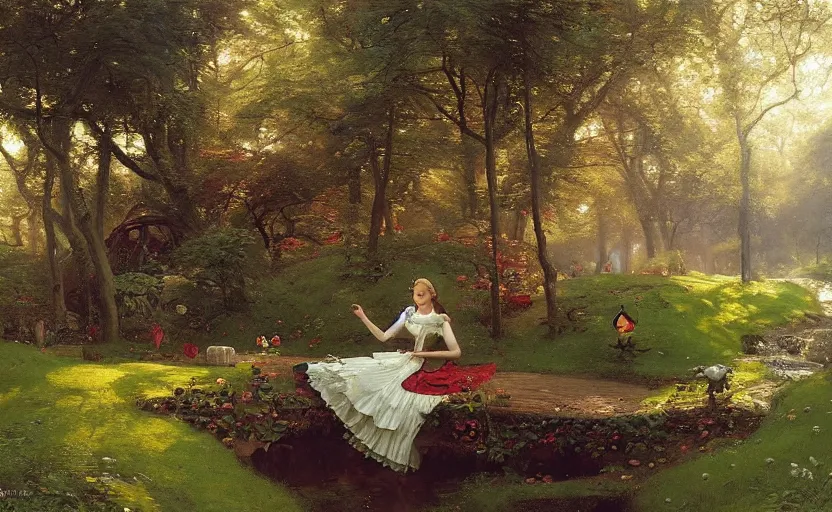 Image similar to alice in the wonderland by peder mørk mønsted and pierre auguste cot and daniel f. gerhartz